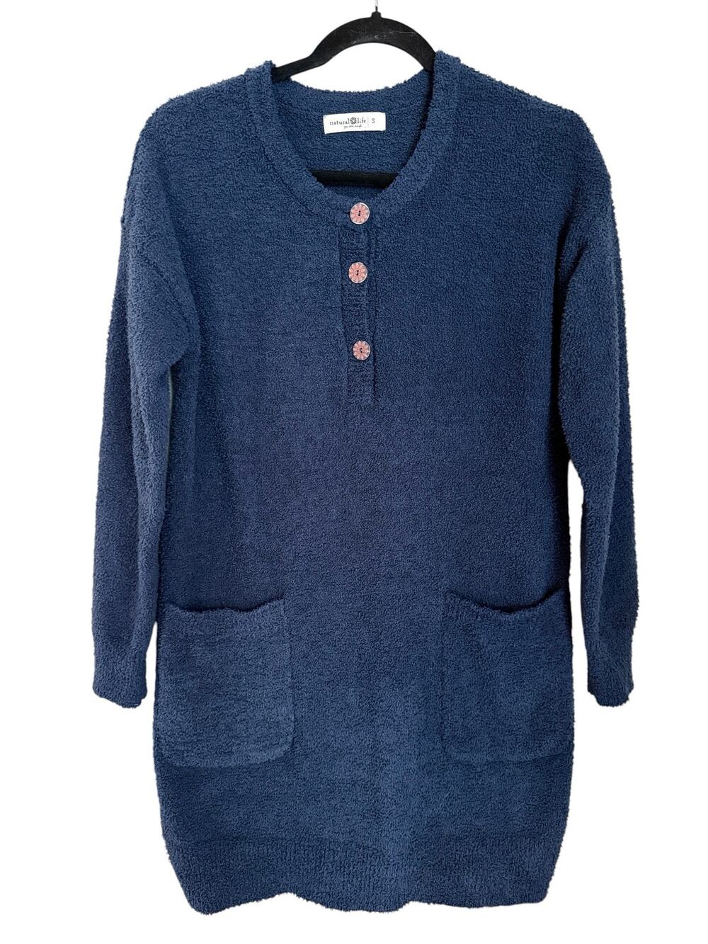 Natural Life Cozy Up Teddy Mini Dress Sz Small Navy Blue Sweater Dress Pockets